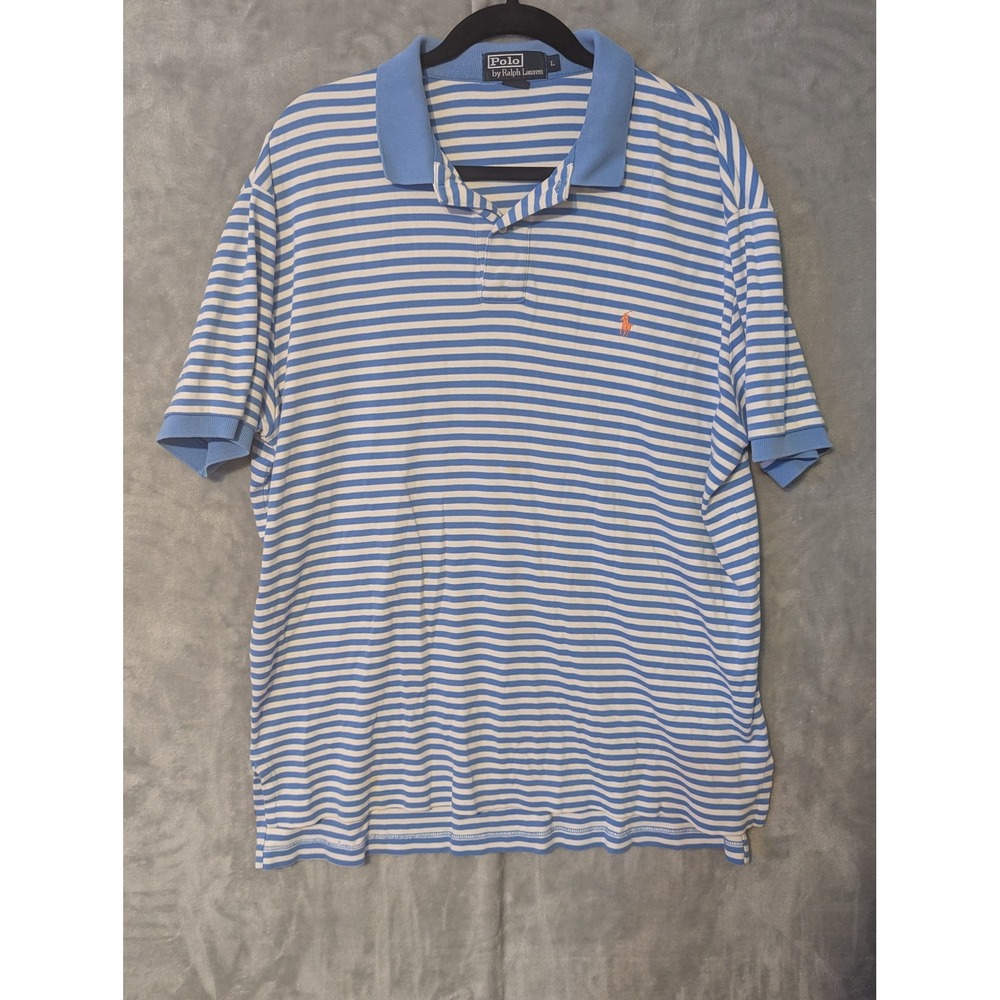 Polo Ralph Lauren Polo Shirt Mens Large Blue White Striped Cotton Short Sleeve - Picture 2 of 5